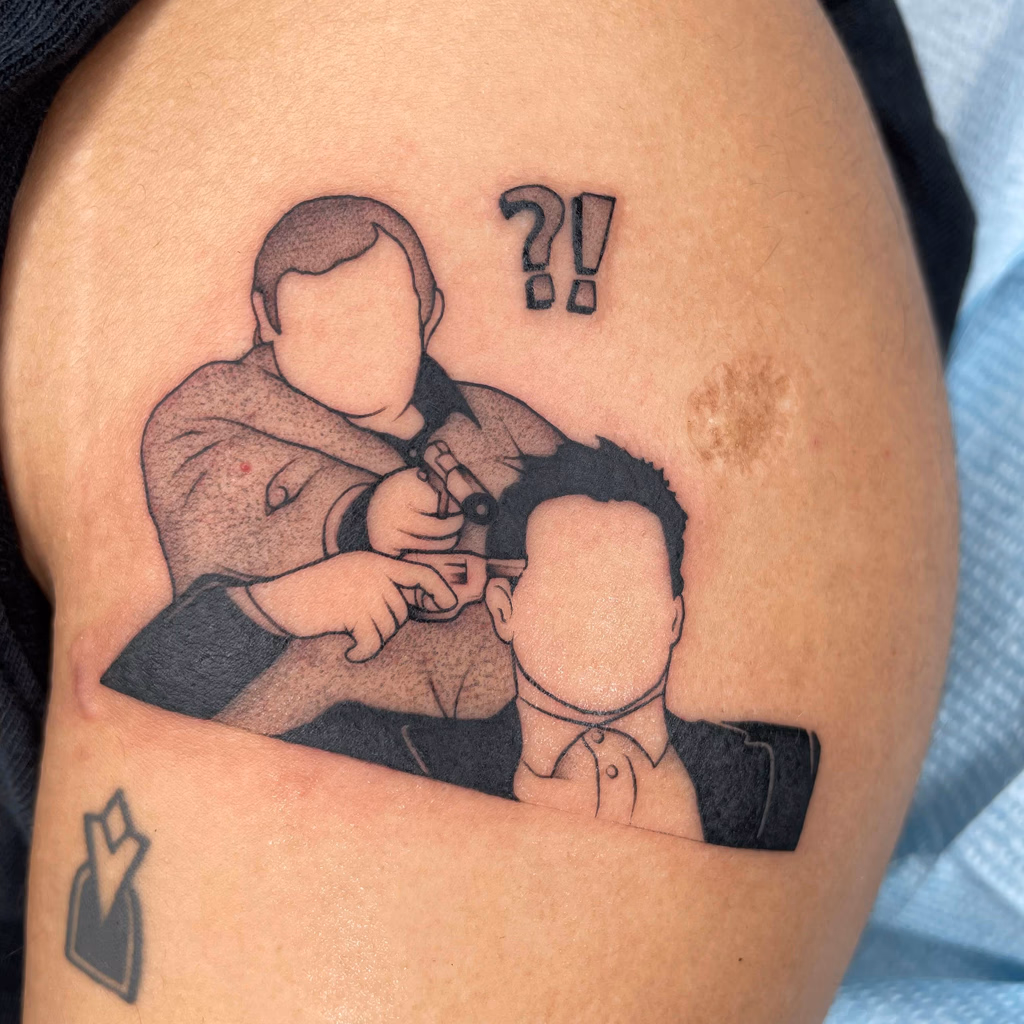 Black and grey illustrative tattoo of a barber cutting a seated client’s hair.